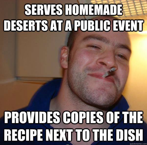 serves homemade deserts at a public event provides copies of the recipe next to the dish - serves homemade deserts at a public event provides copies of the recipe next to the dish  Misc