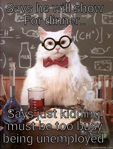 SAYS HE WILL SHOW FOR DINNER.. SAYS JUST KIDDING, MUST BE TOO BUSY BEING UNEMPLOYED  Chemistry Cat