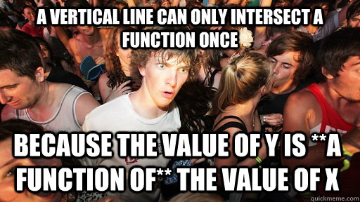 A vertical line can only intersect a function once because the value of y is **a function of** the value of x  Sudden Clarity Clarence