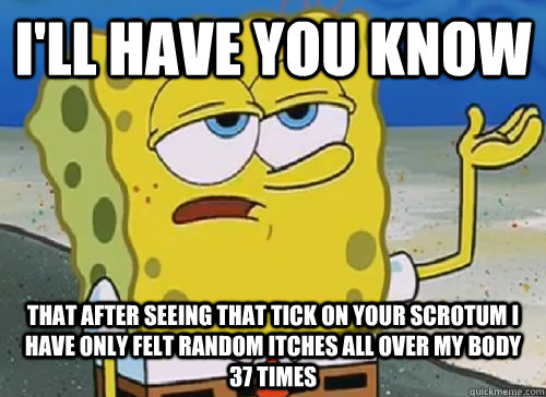 I'LL HAVE YOU KNOW  THAT AFTER SEEING THAT TICK ON YOUR SCROTUM I HAVE ONLY FELT RANDOM ITCHES ALL OVER MY BODY 37 TIMES - I'LL HAVE YOU KNOW  THAT AFTER SEEING THAT TICK ON YOUR SCROTUM I HAVE ONLY FELT RANDOM ITCHES ALL OVER MY BODY 37 TIMES  ILL HAVE YOU KNOW