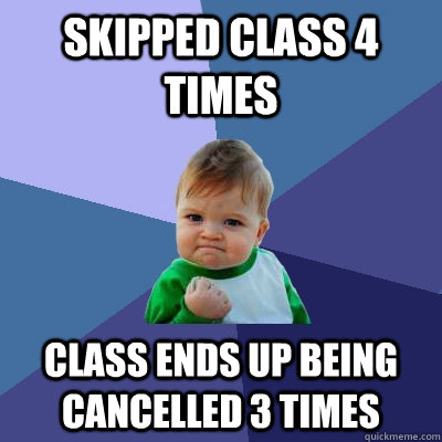 Skipped class 4 times Class ends up being cancelled 3 times - Skipped class 4 times Class ends up being cancelled 3 times  Success Kid