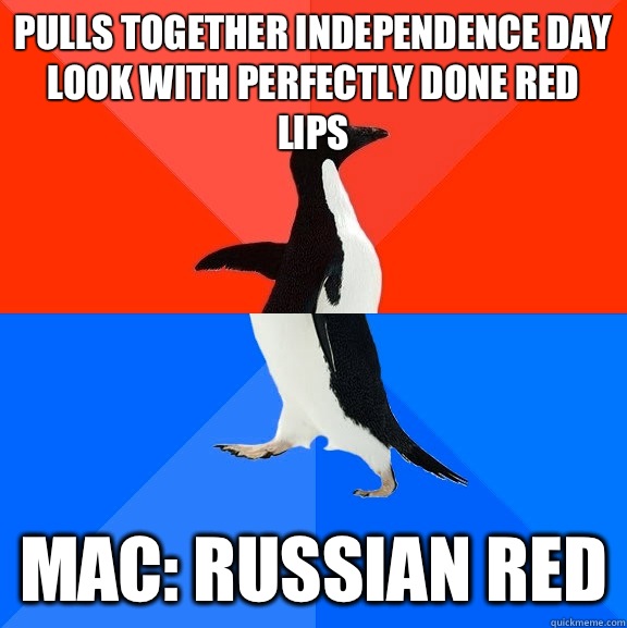 Pulls together Independence Day look with perfectly done red lips Mac: Russian Red  Socially Awesome Awkward Penguin
