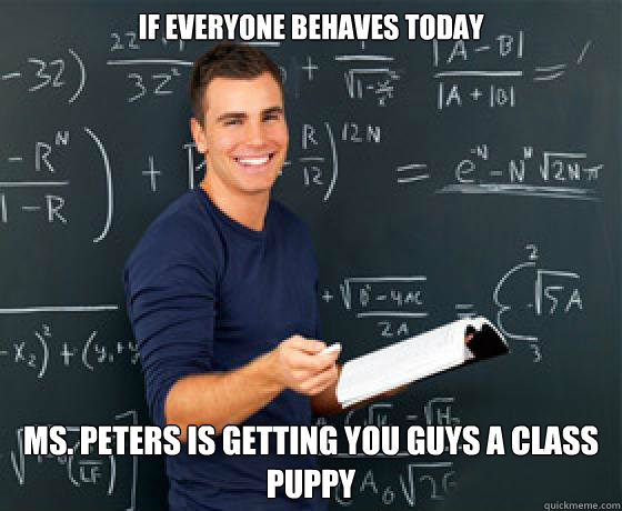 If everyone behaves today Ms. Peters is getting you guys a class puppy - If everyone behaves today Ms. Peters is getting you guys a class puppy  Scumbag College-aged Substitute Teacher