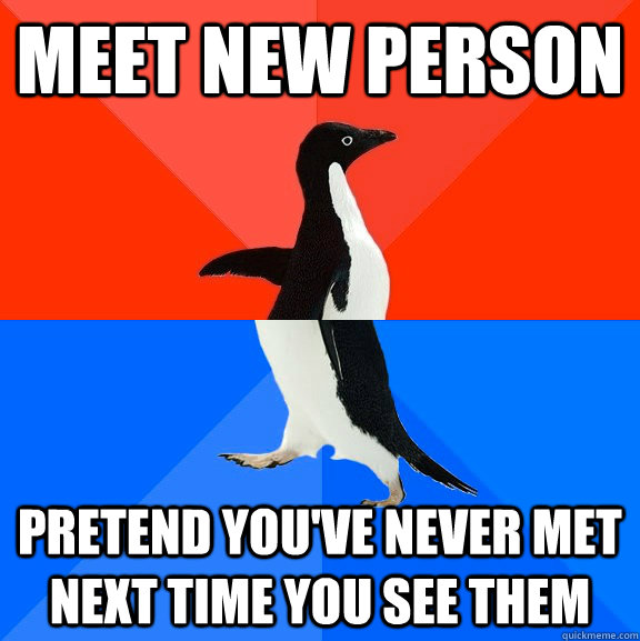 Meet new person Pretend you've never met next time you see them  Socially Awesome Awkward Penguin