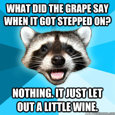 What did the grape say when it got stepped on? Nothing. It just let out a little wine.   Lame Pun Raccoon
