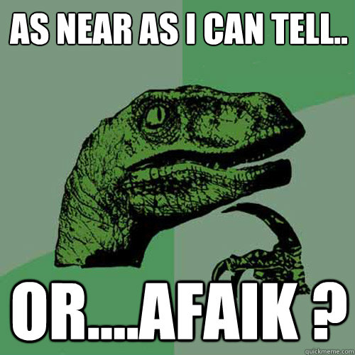 As near as I can tell.. or....AFAIK ?  Philosoraptor