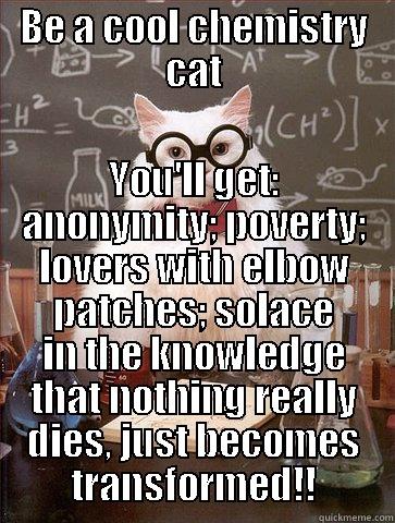 BE A COOL CHEMISTRY CAT YOU'LL GET: ANONYMITY; POVERTY; LOVERS WITH ELBOW PATCHES; SOLACE IN THE KNOWLEDGE THAT NOTHING REALLY DIES, JUST BECOMES TRANSFORMED!! Science Cat