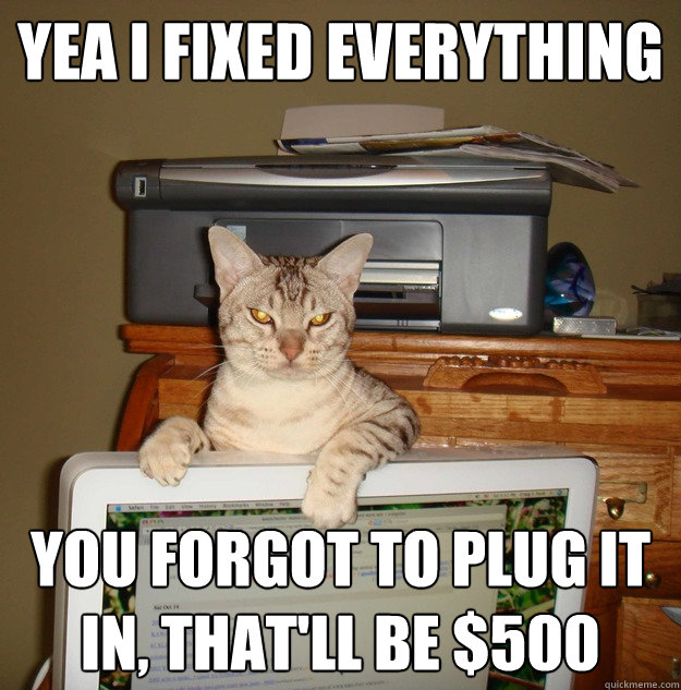 yea i fixed everything you forgot to plug it in, that'll be $500 - yea i fixed everything you forgot to plug it in, that'll be $500  IT Cat