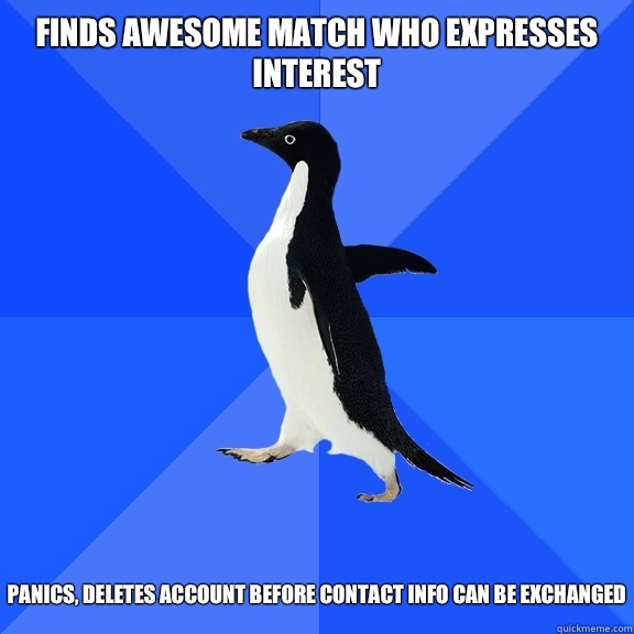 Finds awesome match who expresses interest   Panics, deletes account before contact info can be exchanged  Socially Awkward Penguin
