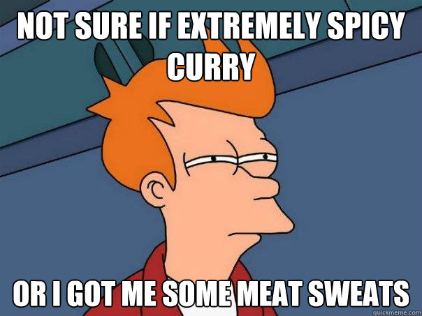 Not sure if extremely spicy curry Or I got me some meat sweats  Futurama Fry