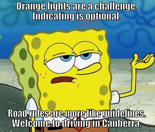 ORANGE LIGHTS ARE A CHALLENGE. INDICATING IS OPTIONAL. ROAD RULES ARE MORE LIKE GUIDELINES. WELCOME TO DRIVING IN CANBERRA. Tough Spongebob