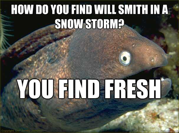 How do you find Will Smith in a snow storm? You find fresh prints.  Bad Joke Eel