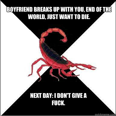 Boyfriend breaks up with you, end of the world, just want to die. Next day: I don't give a fuck.  Borderline scorpion