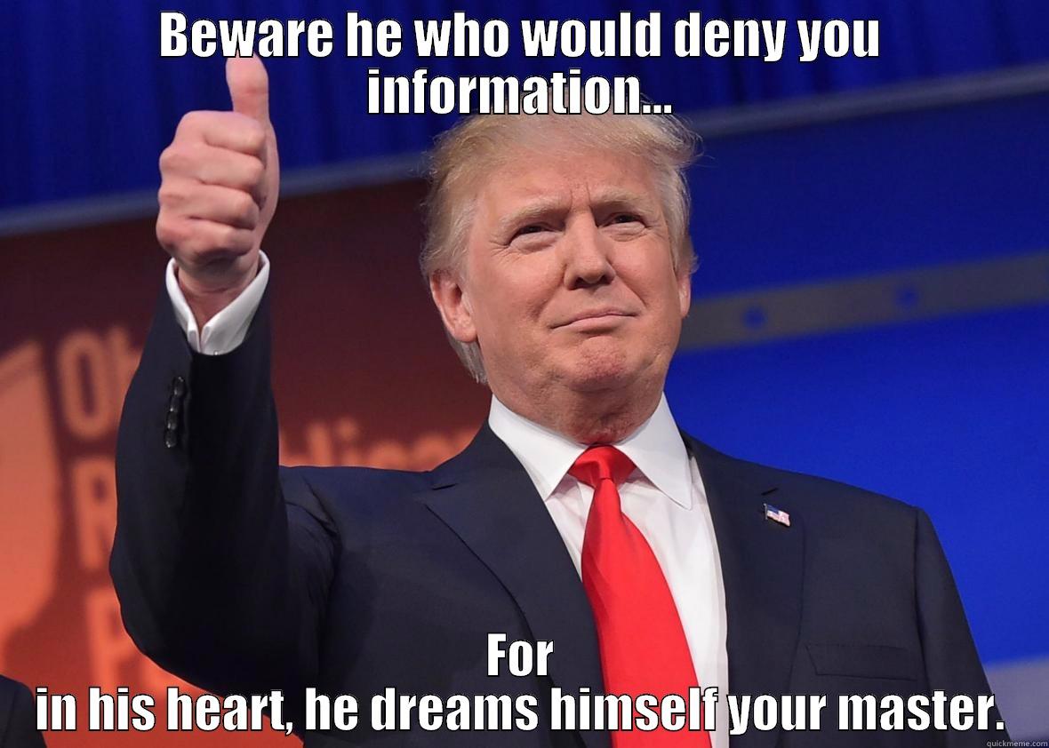 BEWARE HE WHO WOULD DENY YOU INFORMATION... FOR IN HIS HEART, HE DREAMS HIMSELF YOUR MASTER. Misc