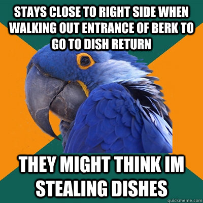 Stays close to right side when walking out entrance of berk to go to dish return They might think im stealing dishes  Paranoid Parrot