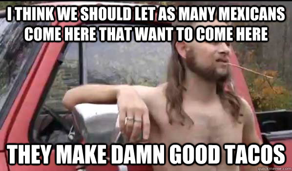 I think we should let as many mexicans come here that want to come here they make damn good tacos  Almost Politically Correct Redneck