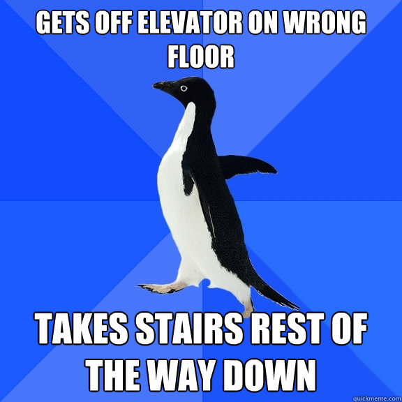 Gets off elevator on wrong floor takes stairs rest of the way down  Socially Awkward Penguin