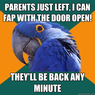 parents just left, I can fap with the door open! they'll be back any minute  Paranoid Parrot