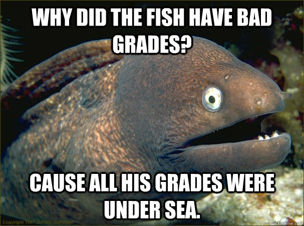 why did the fish have bad grades? cause all his grades were under sea.  Bad Joke Eel