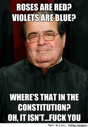 Roses are red?
Violets are blue? Where's that in the Constitution?
Oh, it isn't...fuck you  Scumbag Scalia