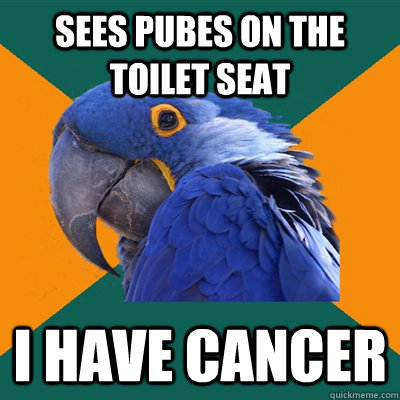 sees pubes on the toilet seat i have cancer  Paranoid Parrot