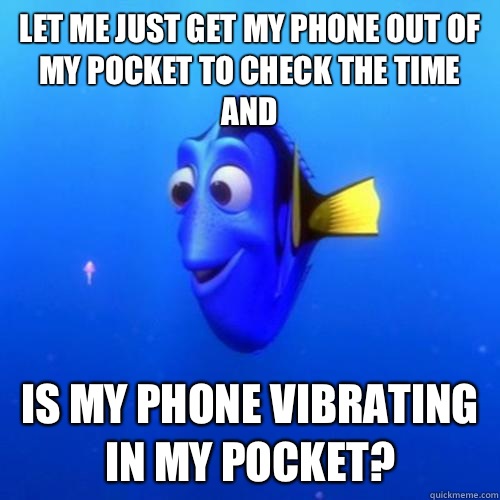 Let me just get my phone out of my pocket to check the time and Is my phone vibrating in my pocket?  dory