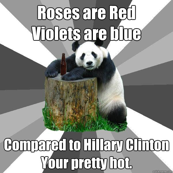 Roses are Red
Violets are blue Compared to Hillary Clinton
Your pretty hot.  Pickup-Line Panda