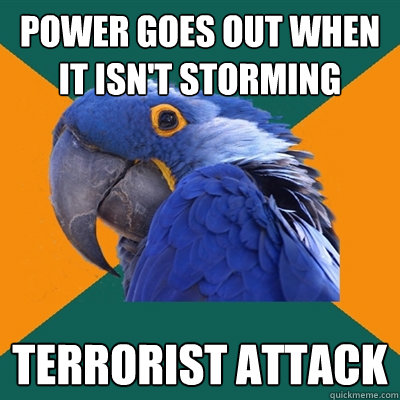 power goes out when it isn't storming terrorist attack  Paranoid Parrot