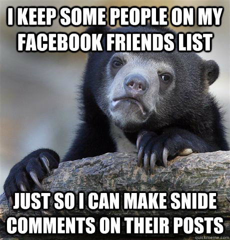 I keep some people on my Facebook friends list just so I can make snide comments on their posts  Confession Bear