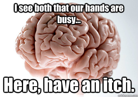 I see both that our hands are busy... Here, have an itch.   Scumbag Brain