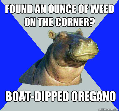 found an ounce of weed on the corner? boat-dipped oregano - found an ounce of weed on the corner? boat-dipped oregano  Skeptical Hippo