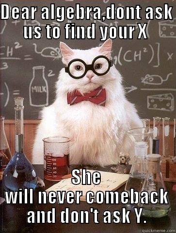 Math cat - DEAR ALGEBRA,DONT ASK US TO FIND YOUR X  SHE WILL NEVER COMEBACK AND DON'T ASK Y. Chemistry Cat