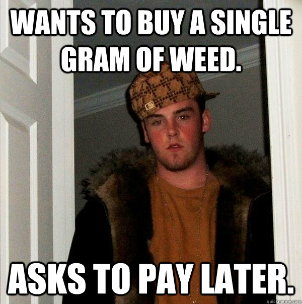 wants to buy a single gram of weed.  asks to pay later.   Scumbag Steve