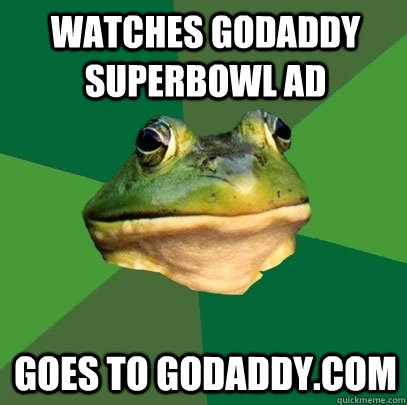 watches godaddy superbowl ad goes to godaddy.com  Foul Bachelor Frog
