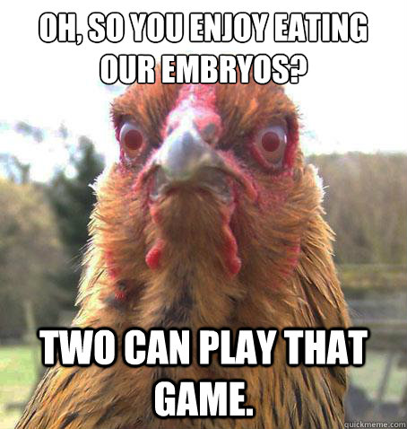 Oh, so you enjoy eating our embryos? two can play that game.  RageChicken