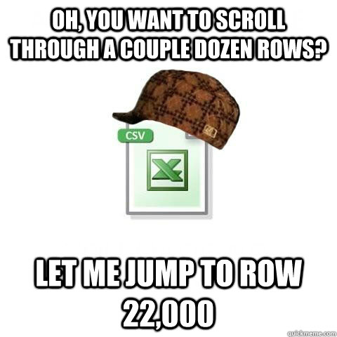 Oh, you want to scroll through a couple dozen rows? Let me jump to row 22,000  Scumbag excel