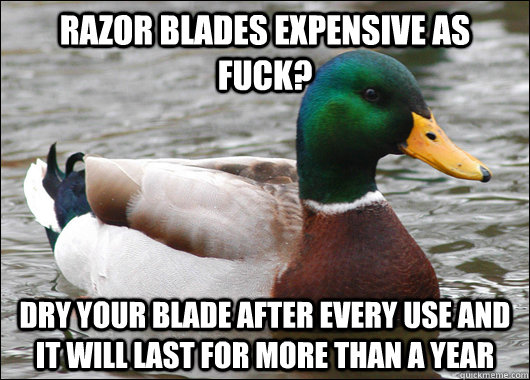Razor blades expensive as fuck? Dry your blade after every use and it will last for more than a year  Actual Advice Mallard