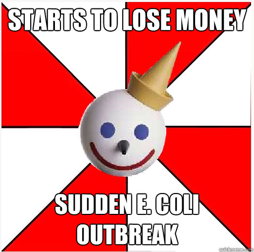 Starts to lose money Sudden E. coli outbreak   Jack in the Box