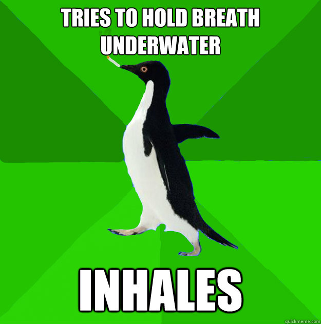 Tries to hold breath underwater Inhales   Stoner Penguin