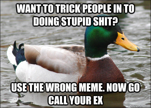 Want to trick people in to doing stupid shit? Use the wrong meme. Now go call your ex  Actual Advice Mallard