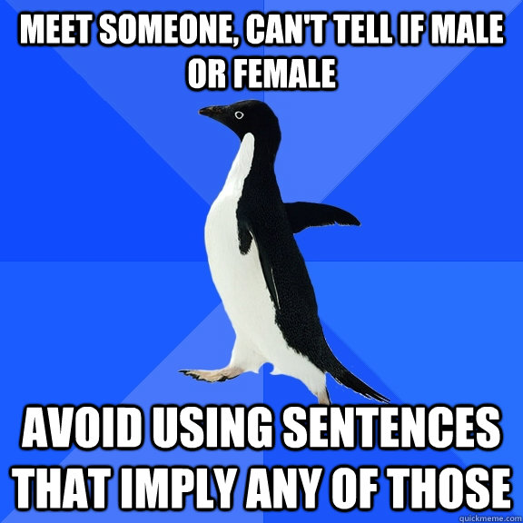 meet someone, can't tell if male or female avoid using sentences that imply any of those - meet someone, can't tell if male or female avoid using sentences that imply any of those  Socially Awkward Penguin