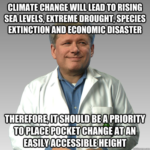 Climate change will lead to rising sea levels, extreme drought, species extinction and economic disaster Therefore, it should be a priority to place pocket change at an easily accessible height  