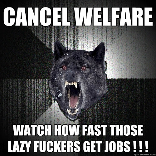 CANCEL WELFARE watch how fast those lazy fuckers get jobs ! ! !  Insanity Wolf