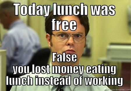 Economic meme - TODAY LUNCH WAS FREE FALSE YOU LOST MONEY EATING LUNCH INSTEAD OF WORKING Schrute