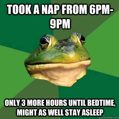 Took a nap from 6PM-9PM Only 3 more hours until bedtime, might as well stay asleep  Foul Bachelor Frog