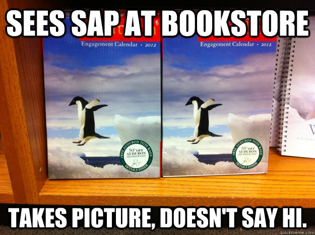 Sees SAP at bookstore Takes picture, doesn't say hi.  Socially Awkward Penguin