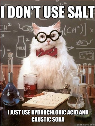i don't use salt i just use hydrochloric acid and caustic soda - i don't use salt i just use hydrochloric acid and caustic soda  Chemistry Cat