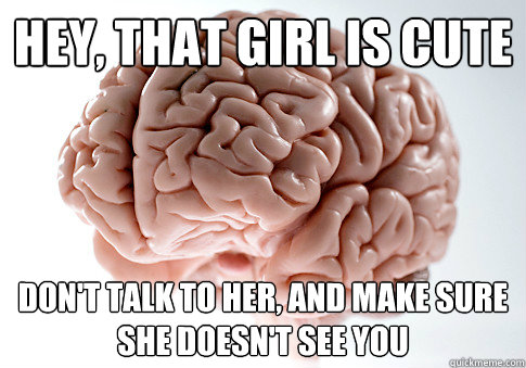hey, that girl is cute don't talk to her, and make sure she doesn't see you   Scumbag Brain