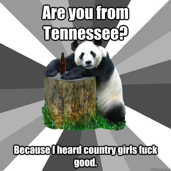 Are you from Tennessee? Because I heard country girls fuck good.  Pickup-Line Panda