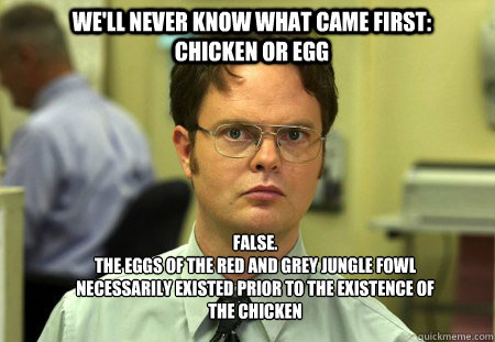 we'll never know what came first: chicken or egg FALSE.  
the eggs of the red and grey jungle fowl necessarily existed prior to the existence of the chicken  Schrute